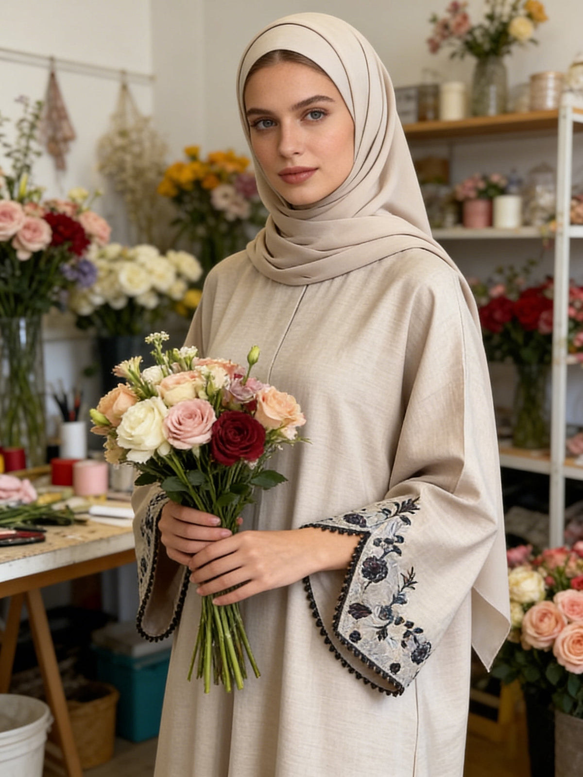 thumbnail image 5 of Muslim Women's Round Neck Grey Closed Abaya Maxi Dress with Navy Floral Lace Embroidered Sleeves for Festival Gathering and Daily Wear, 5 of 8