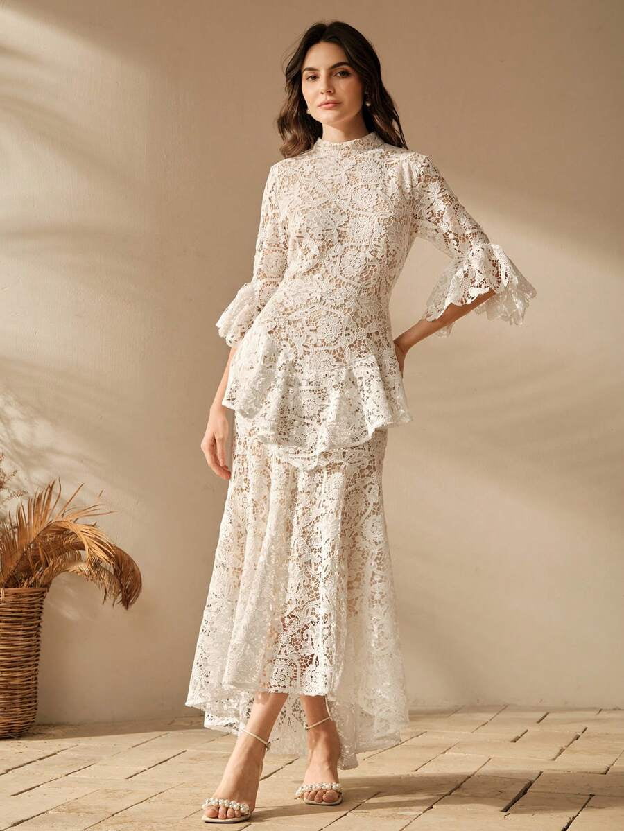 thumbnail image 6 of Beige Lace Overlay Midi Dress With Ruffle Hem And High Neck, 6 of 28
