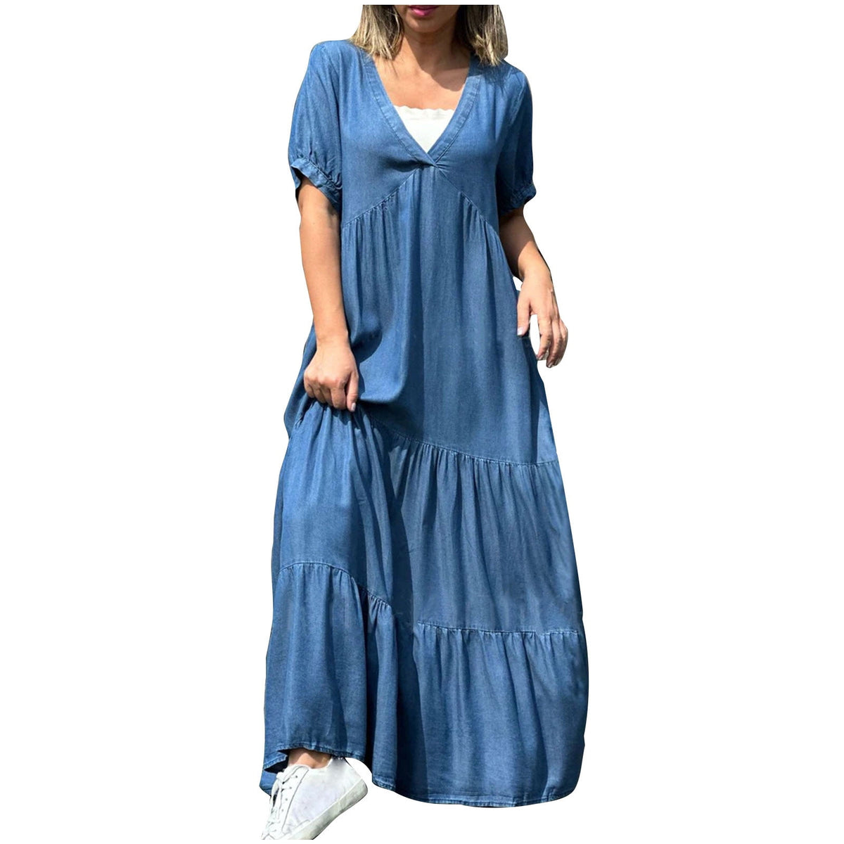 thumbnail image 3 of OSFVNOXV Denim Look Dress for Women Plus Size Summer Boho Loose Tiered Maxi Dress Casual V-Neck Flowy A-Line Tunic Shirt Dress,S-5XL, 3 of 6