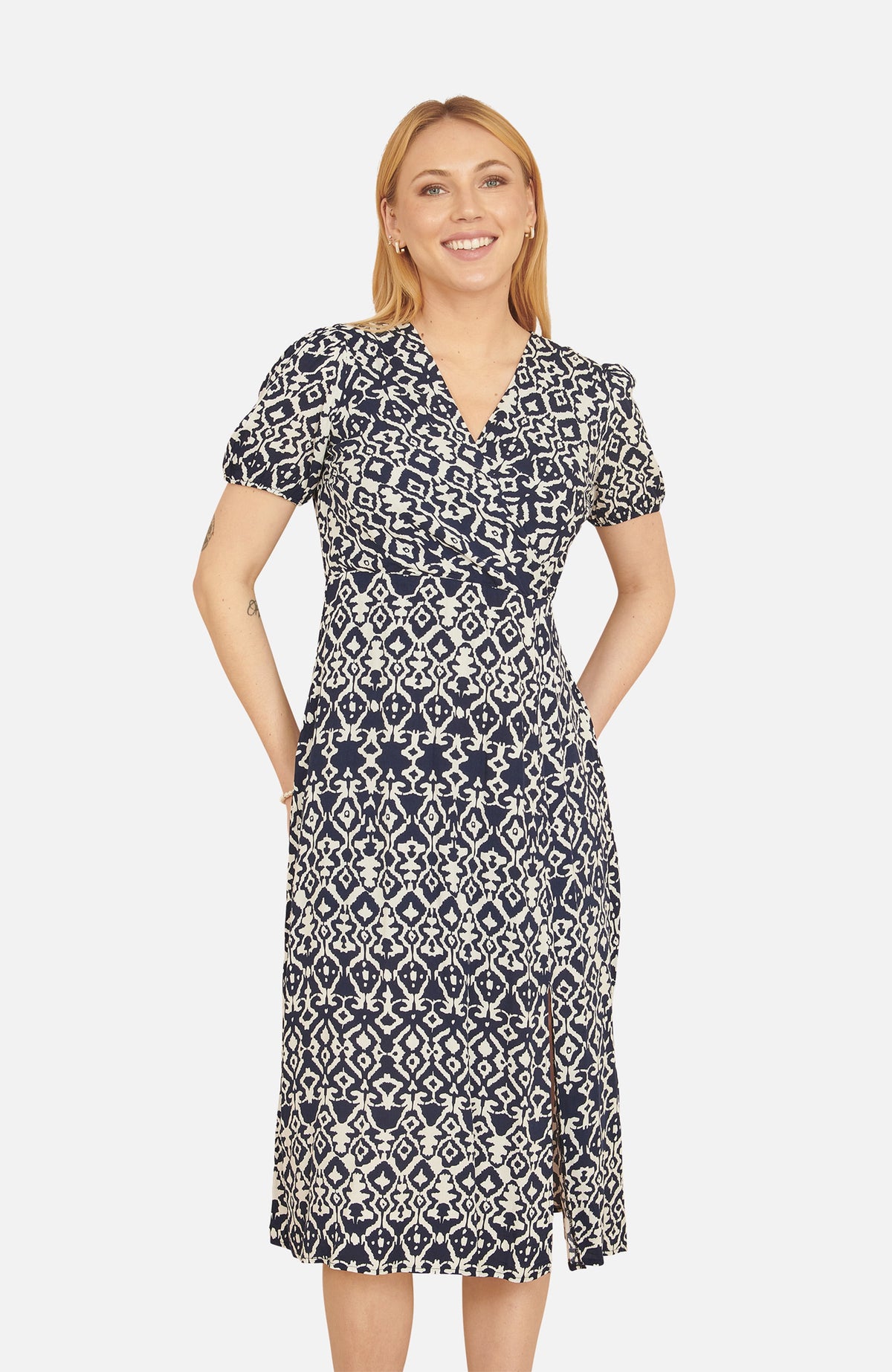 thumbnail image 3 of Yumi Ikat Print Split Hem Midi Dress - Navy, 4, 3 of 6