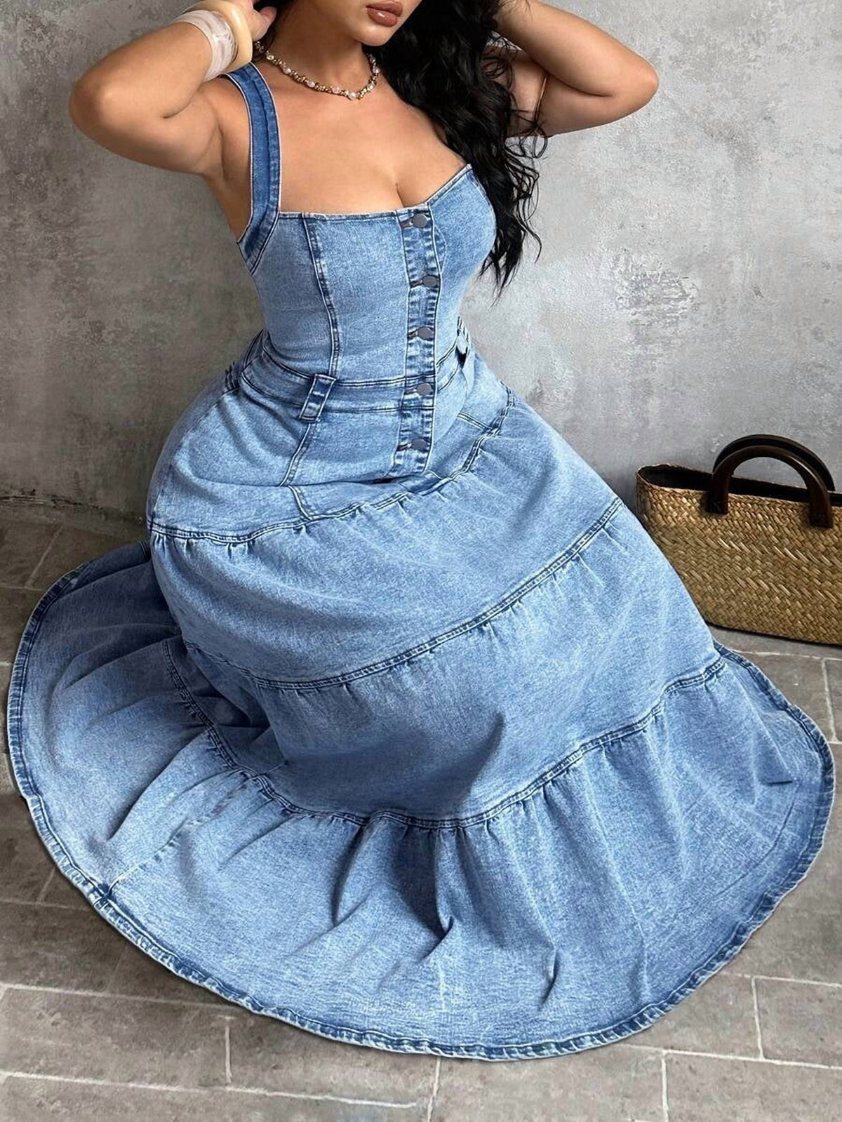 thumbnail image 6 of Blue Plus Size Denim Maxi Dress - Sleeveless Front Button Tiered Backless, 6 of 6