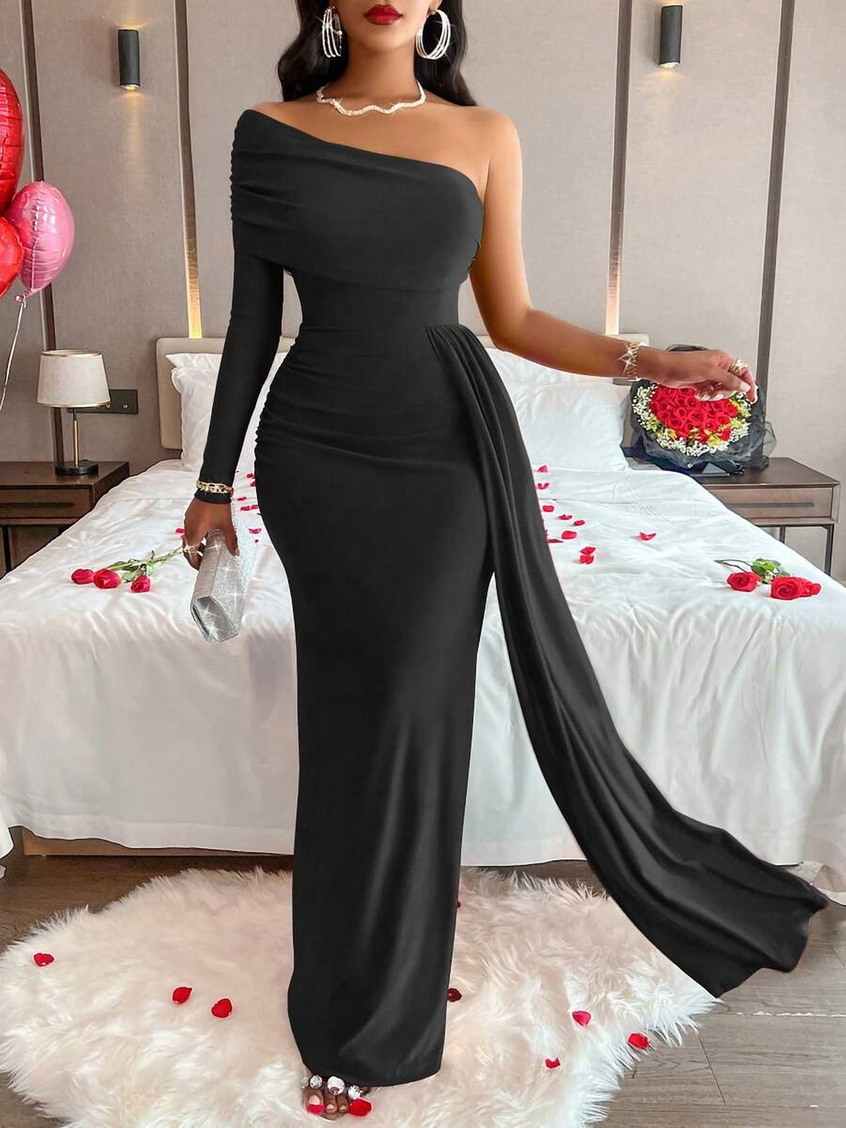 thumbnail image 6 of Womens Elegant Black One-Shoulder Maxi Dress with Asymmetrical Neckline, 6 of 6