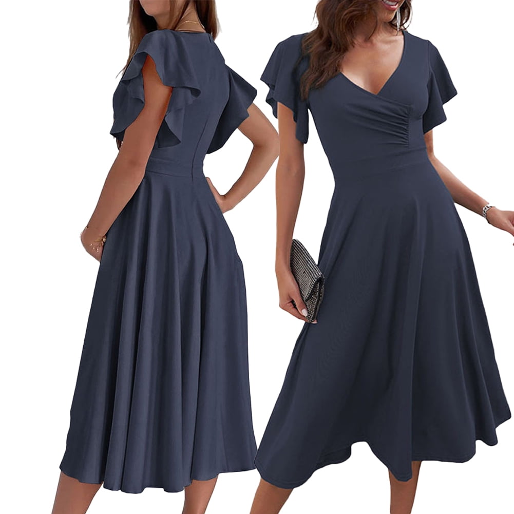 thumbnail image 5 of Fjuchai Women's Chiffon Dresses Short Sleeve V Neck Casual Ruffle Swing Dress S-XXL, 5 of 9