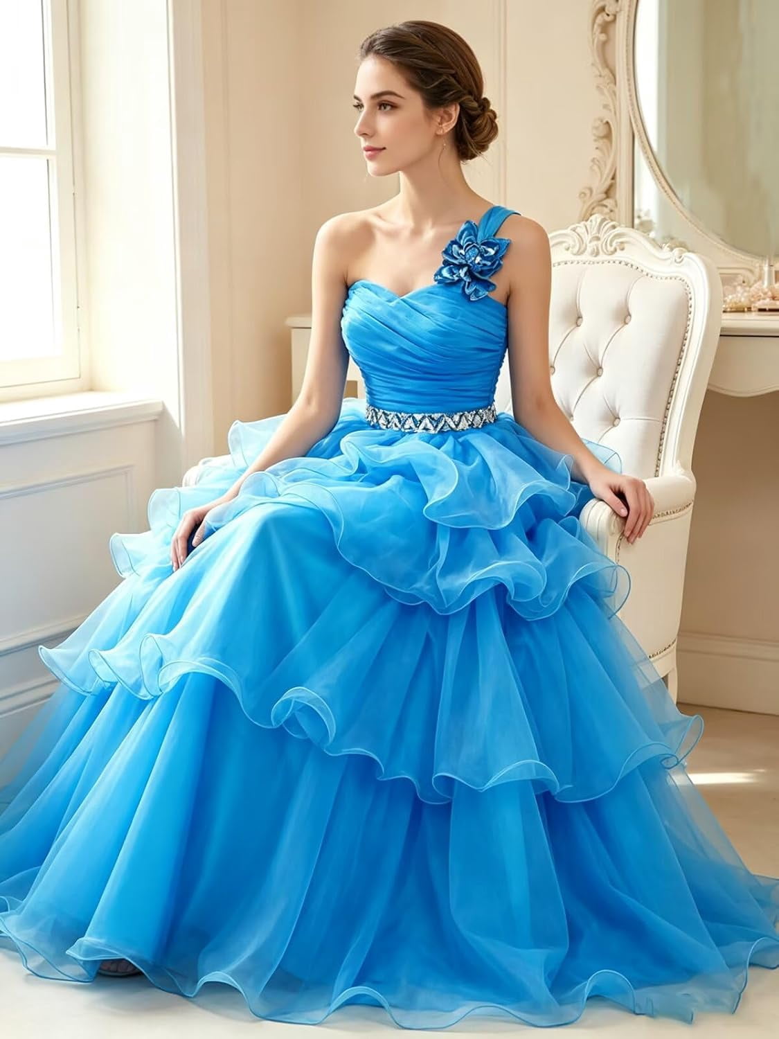thumbnail image 4 of Women's One‑Shoulder Ruched Layered Ruffle Chiffon Long Formal Evening Dress with Rhinestone Waist Belt, 4 of 6