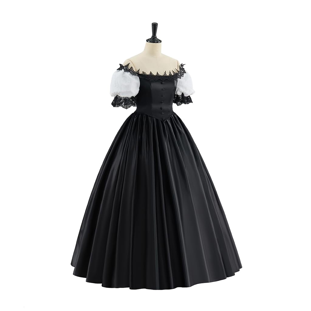 thumbnail image 3 of Gothic Victorian Ball Gown - Satin Fabric, Off Shoulder Lace Trim & White Puff Sleeves for Themed Gatherings, 3 of 7