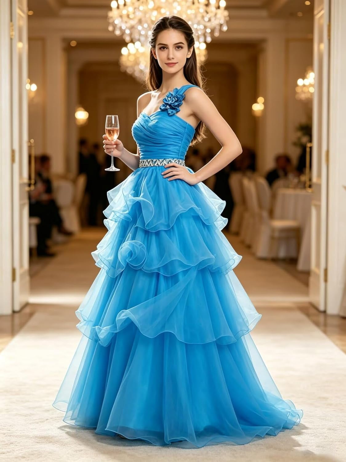 thumbnail image 2 of Women's One‑Shoulder Ruched Layered Ruffle Chiffon Long Formal Evening Dress with Rhinestone Waist Belt, 2 of 6
