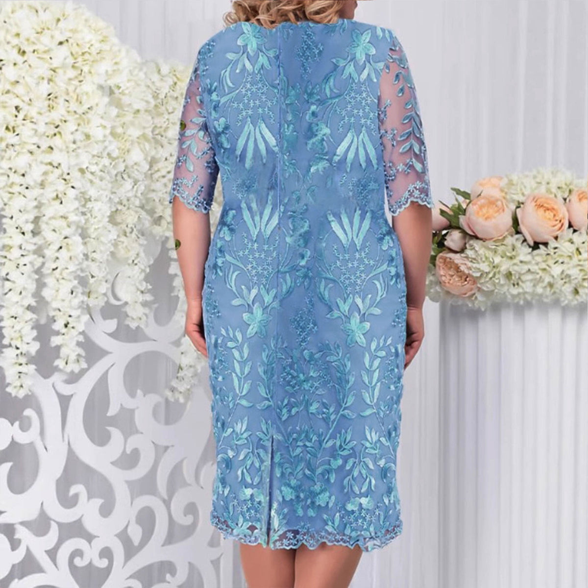 thumbnail image 4 of Uootdi Plus Size Dresses for Women Crew Neck 3/4 Sleeve Embroidered Dresses Elegant Formal Midi Dresses Party Wear Gift, 4 of 6