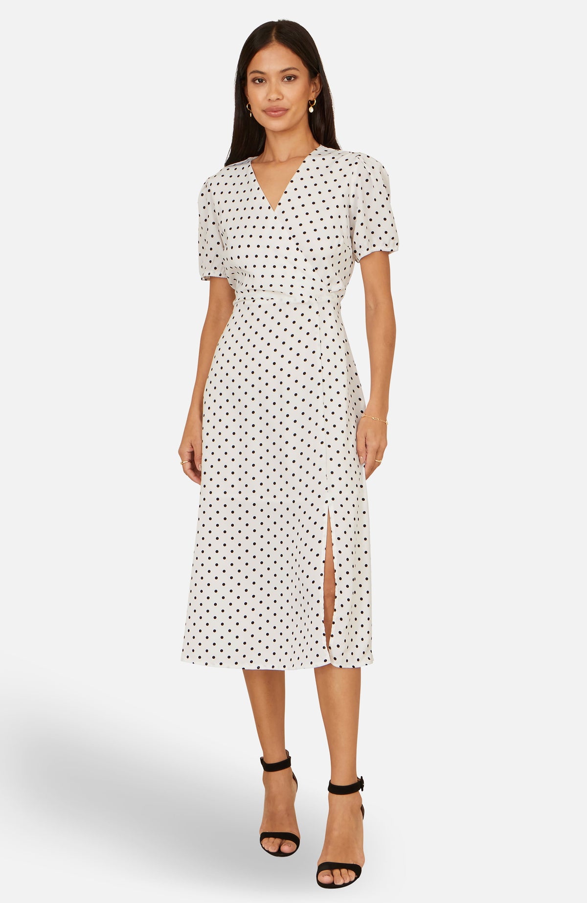 thumbnail image 3 of Yumi Spot Print Wrap Tea Dress - White, 4, 3 of 5