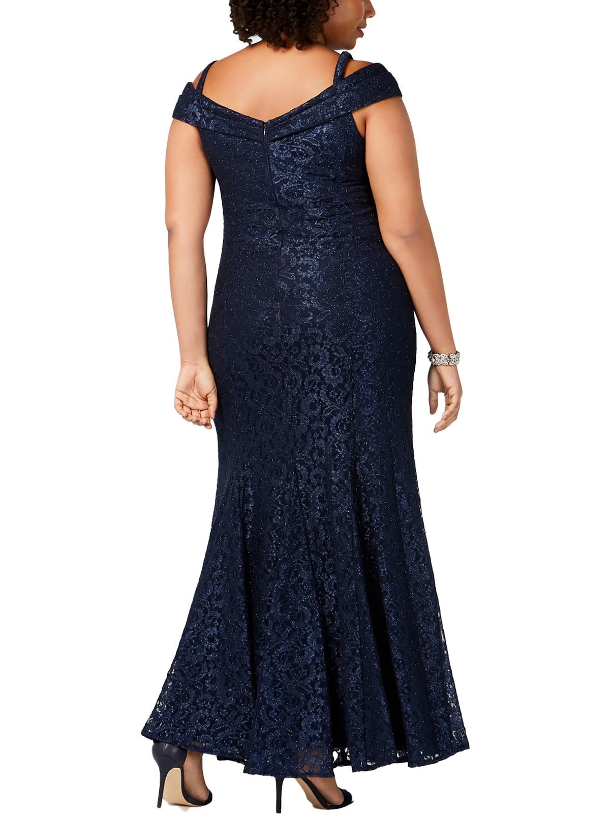 thumbnail image 2 of R&M RICHARDS Womens Navy Lace Glitter Floral Sleeveless Off Shoulder Full-Length Evening Pleated Dress Plus 20W, 2 of 2