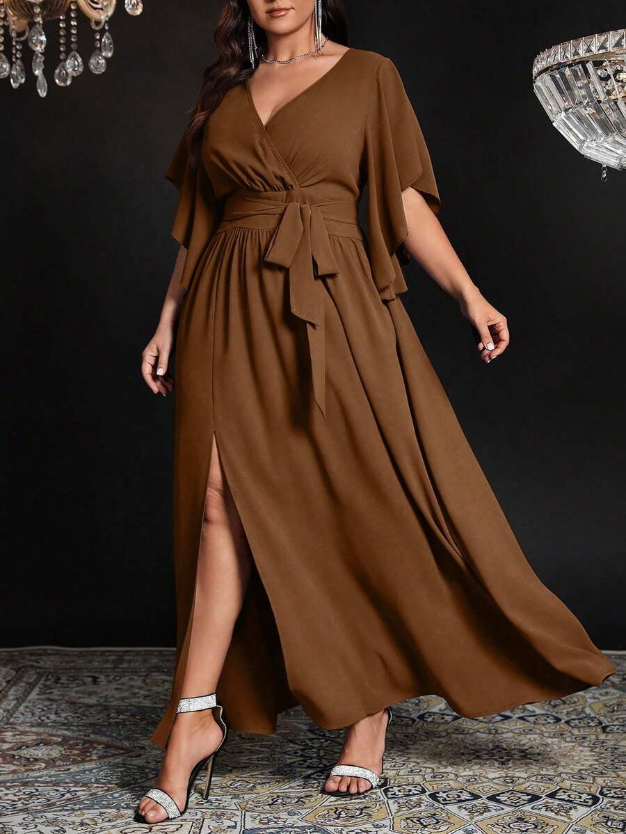 thumbnail image 6 of Dress Brown Tie Waist Flutter Sleeves Split Hem Elegant Party Gown, 6 of 7