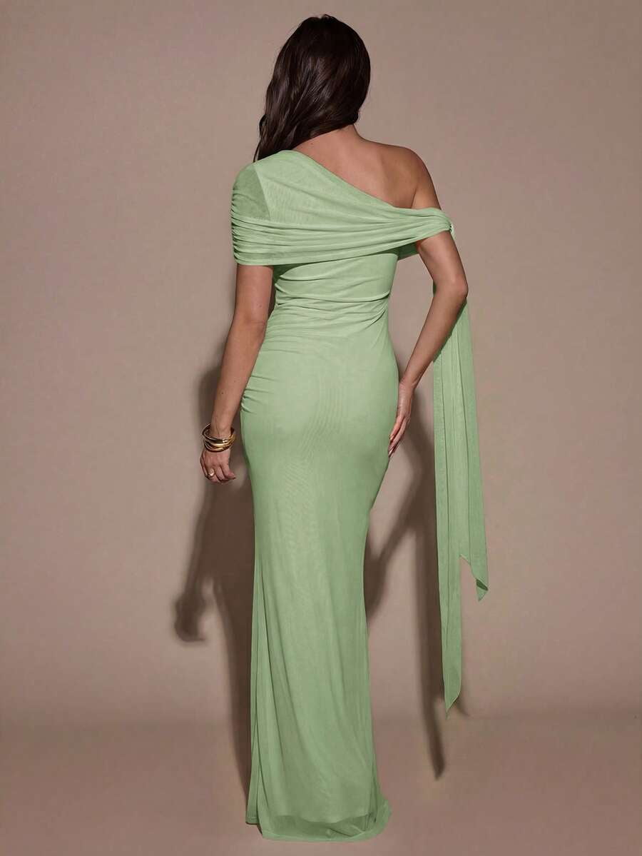 thumbnail image 2 of Mint Green One Shoulder Ruched Bodycon Maxi Dress For Evening Party, 2 of 30