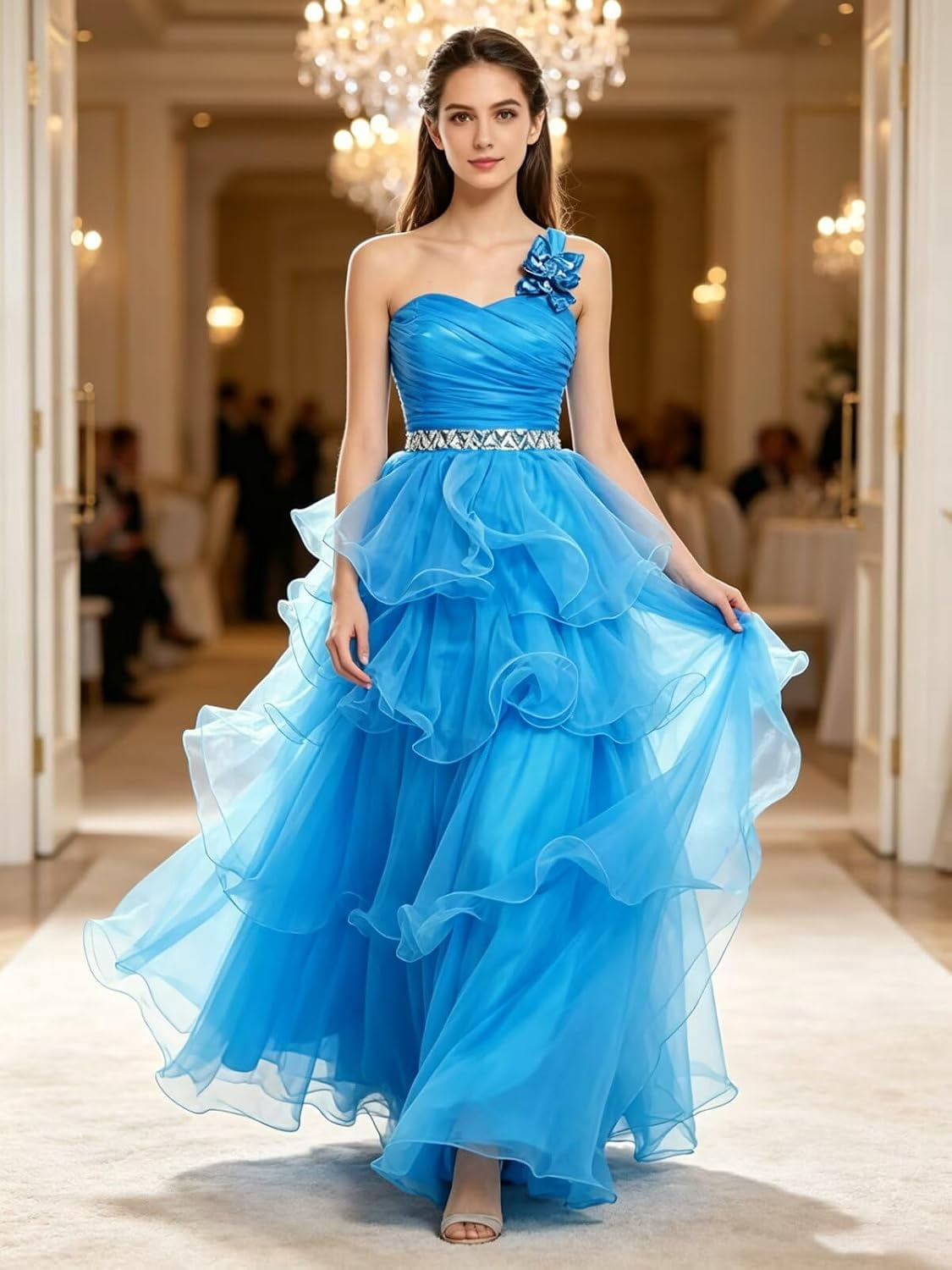 thumbnail image 5 of Women's One‑Shoulder Ruched Layered Ruffle Chiffon Long Formal Evening Dress with Rhinestone Waist Belt, 5 of 6