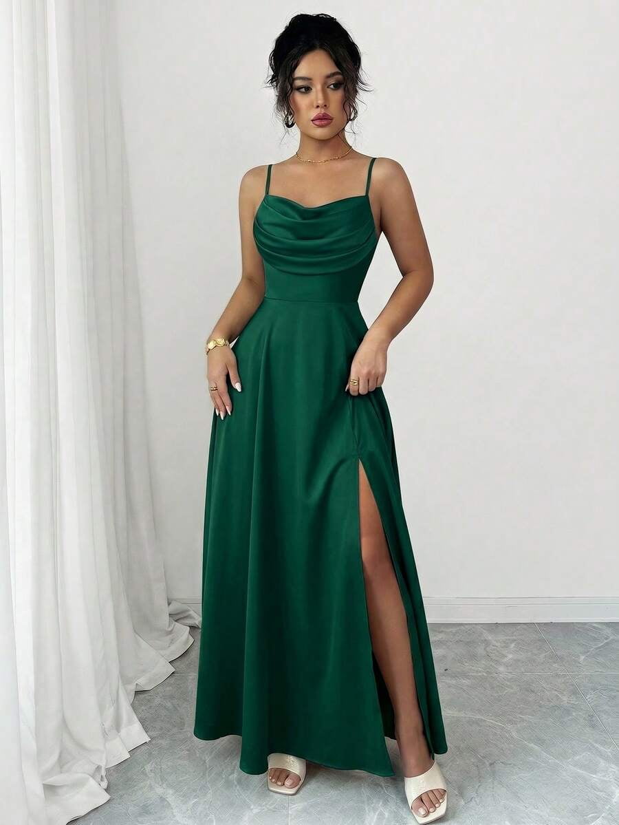 thumbnail image 6 of Womens Dark Green Satin Spaghetti Strap Cowl Neck Evening Gown, 6 of 8