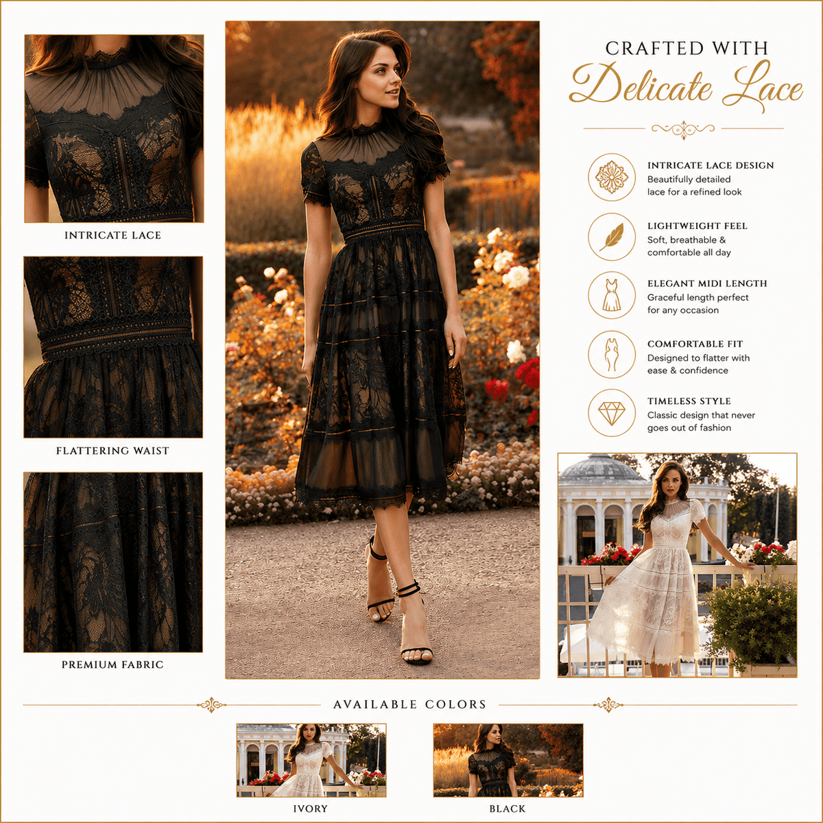 thumbnail image 5 of Elegant Lace Midi Short Sleeves Dress, Women's Formal Cocktail Party Dress, 5 of 5