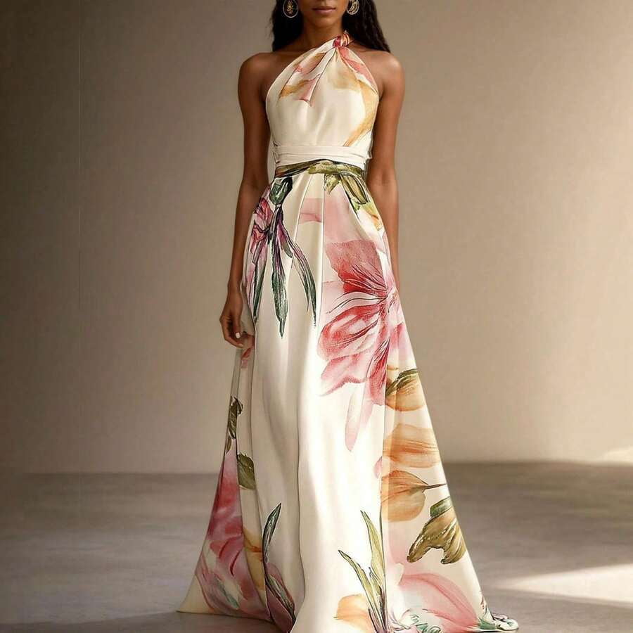 thumbnail image 5 of Apricot Floral Halter Maxi Dress With Belt, Sleeveless Elegant Evening Gown, 5 of 5