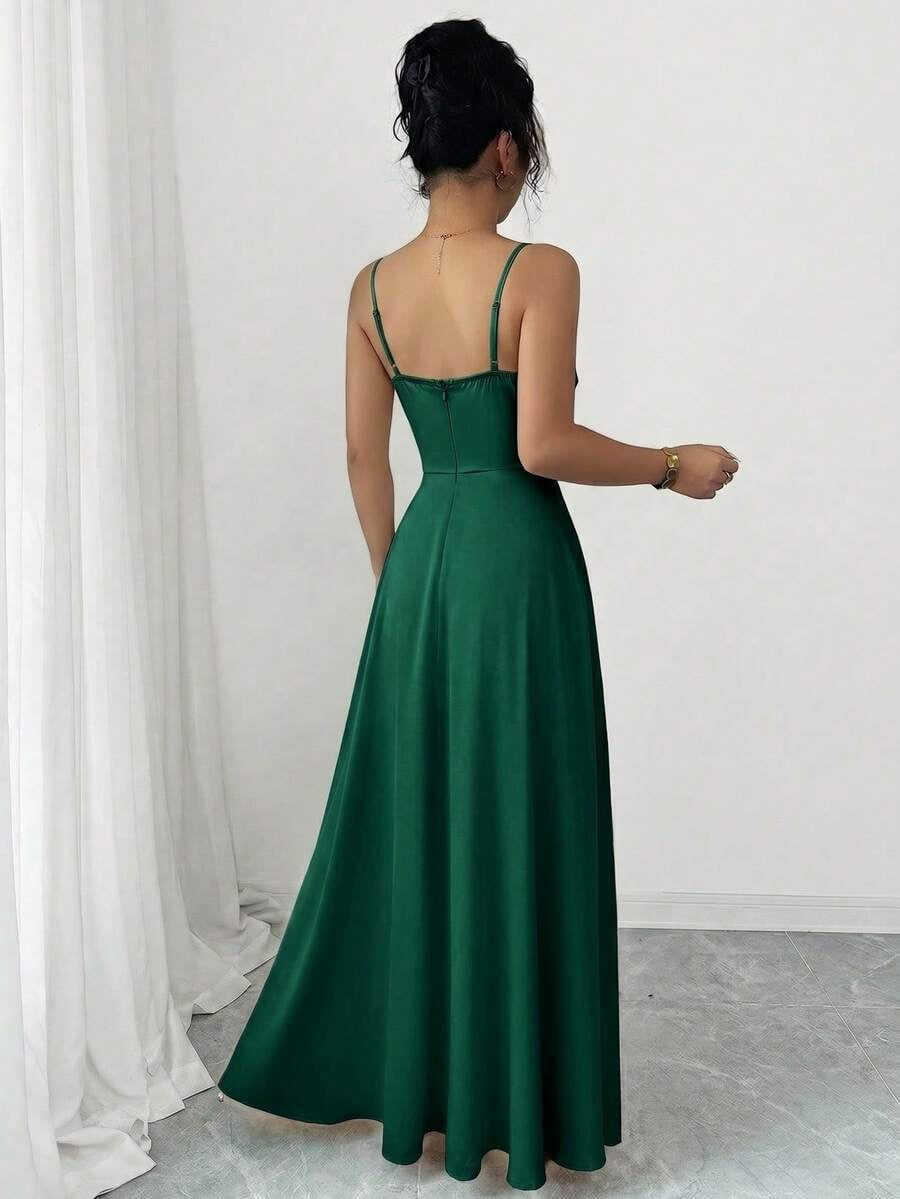 thumbnail image 2 of Womens Dark Green Satin Spaghetti Strap Cowl Neck Evening Gown, 2 of 8