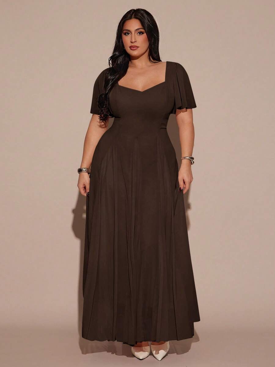 thumbnail image 3 of Brown Plus Size Summer Elegant Solid Color Cinched Waist Dress, 3 of 8