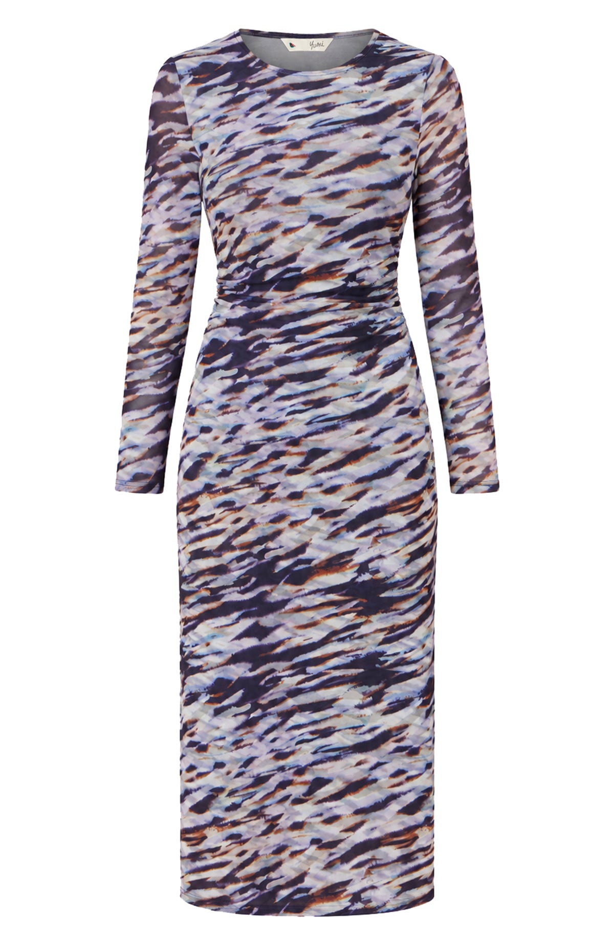 thumbnail image 5 of Yumi Abstract Stripe Ruched Midi Dress - Navy, 4, 5 of 6