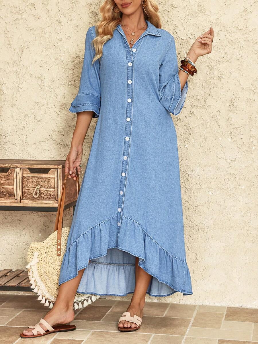 thumbnail image 4 of Womens Light Blue Denim Shirt Dress, Retro 70s Style Bell Sleeves, 4 of 8