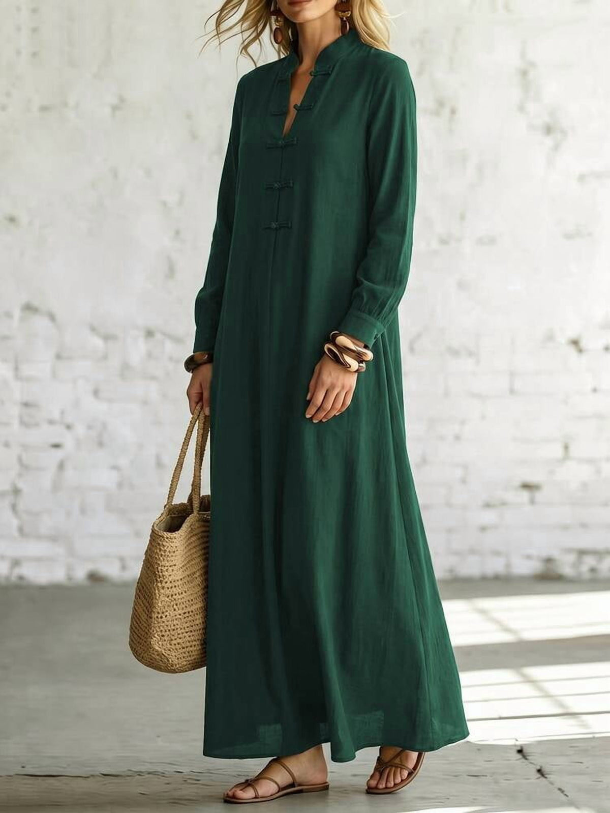 thumbnail image 3 of Dark Green Long Sleeve Mandarin Collar Frog Button Maxi Dress, 3 of 3