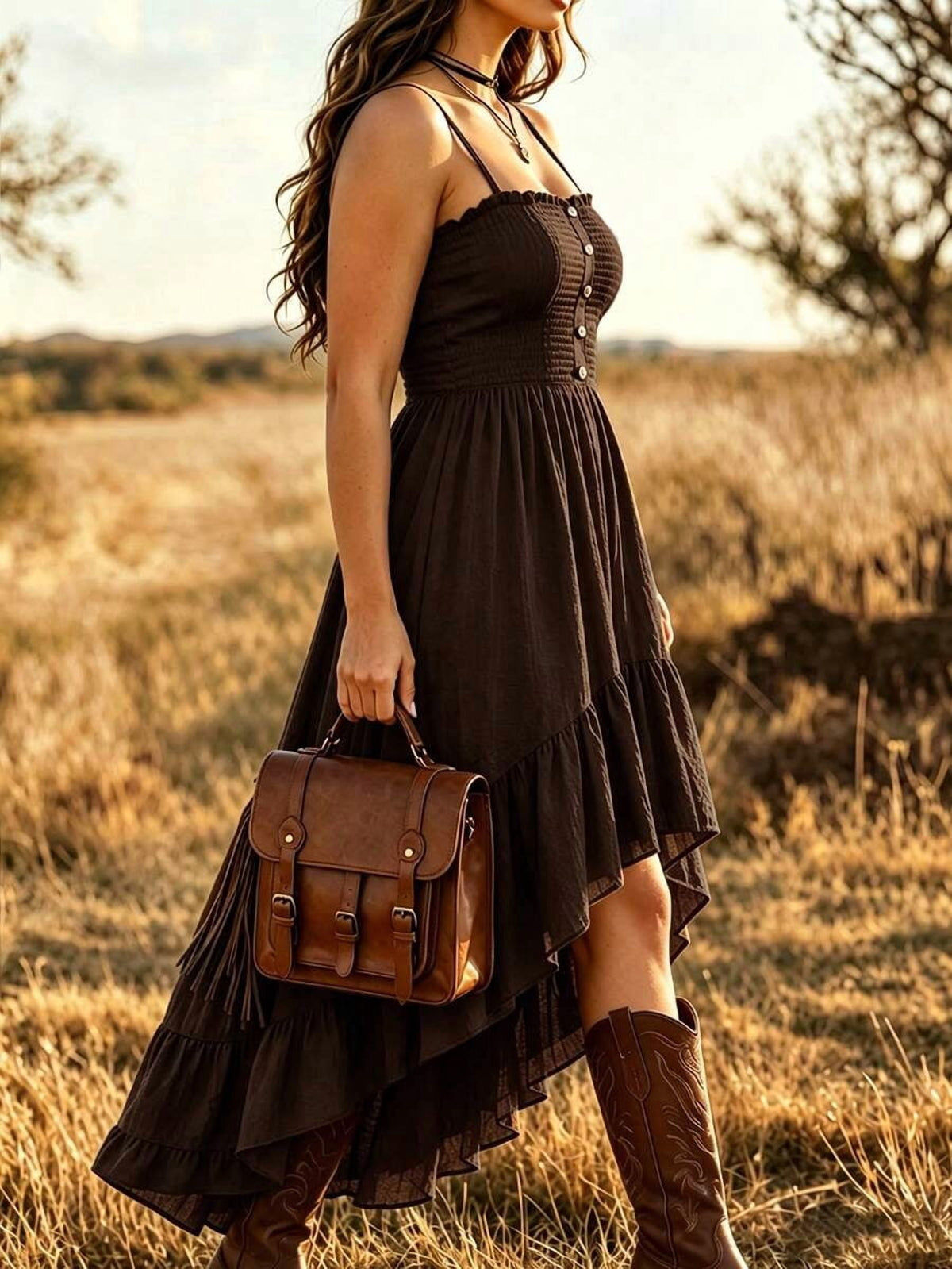 thumbnail image 2 of Plus Size Brown Bohemian Cami Dress Asymmetrical Ruffle Hem Tiered Skirt, 2 of 3