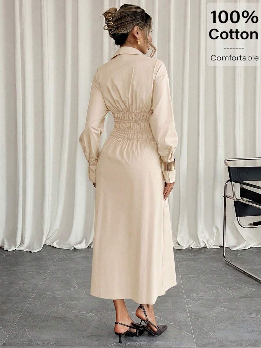 thumbnail image 5 of Women Apricot Cotton Long Shirt Dress Solid Color Button Front Smocked, 5 of 6