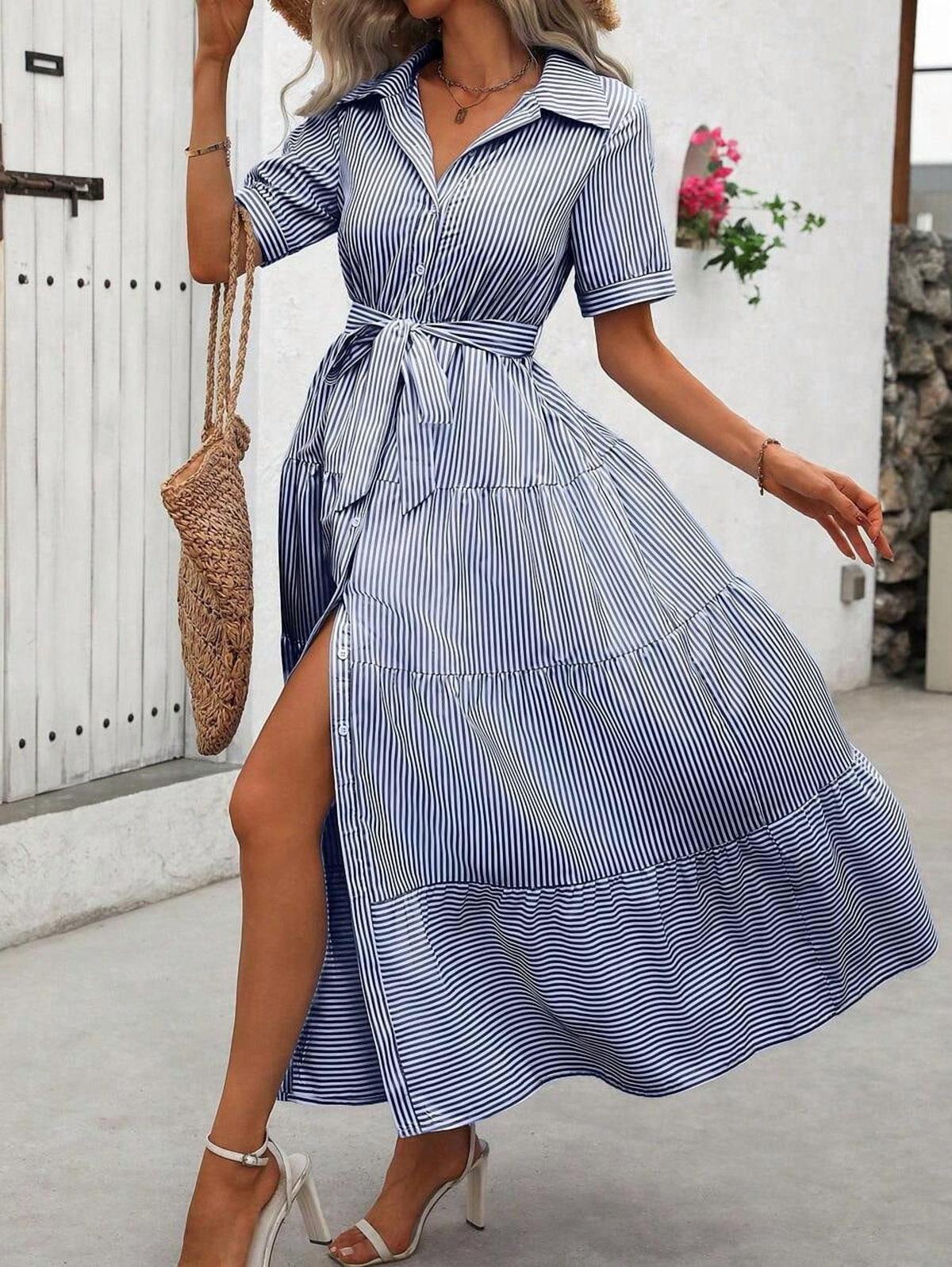 thumbnail image 7 of Womens Blue Striped Short Sleeve Casual Shirt Maxi Dress with Belt and Slit, 7 of 7