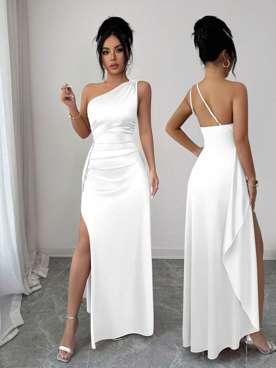 thumbnail image 4 of Womens White Satin One Shoulder Evening Gown with Ruched Waist High Slit, 4 of 6