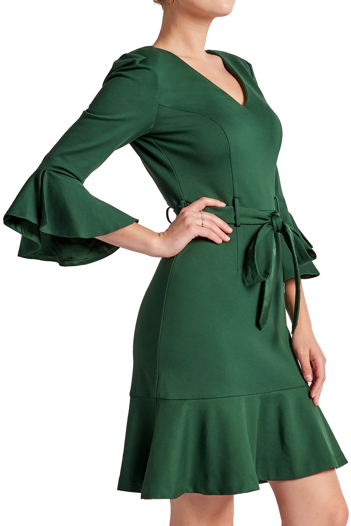 thumbnail image 5 of Tayte Dress - Women's V-neck 3/4 sleeve dress with ruffle accents and self belt, 5 of 5