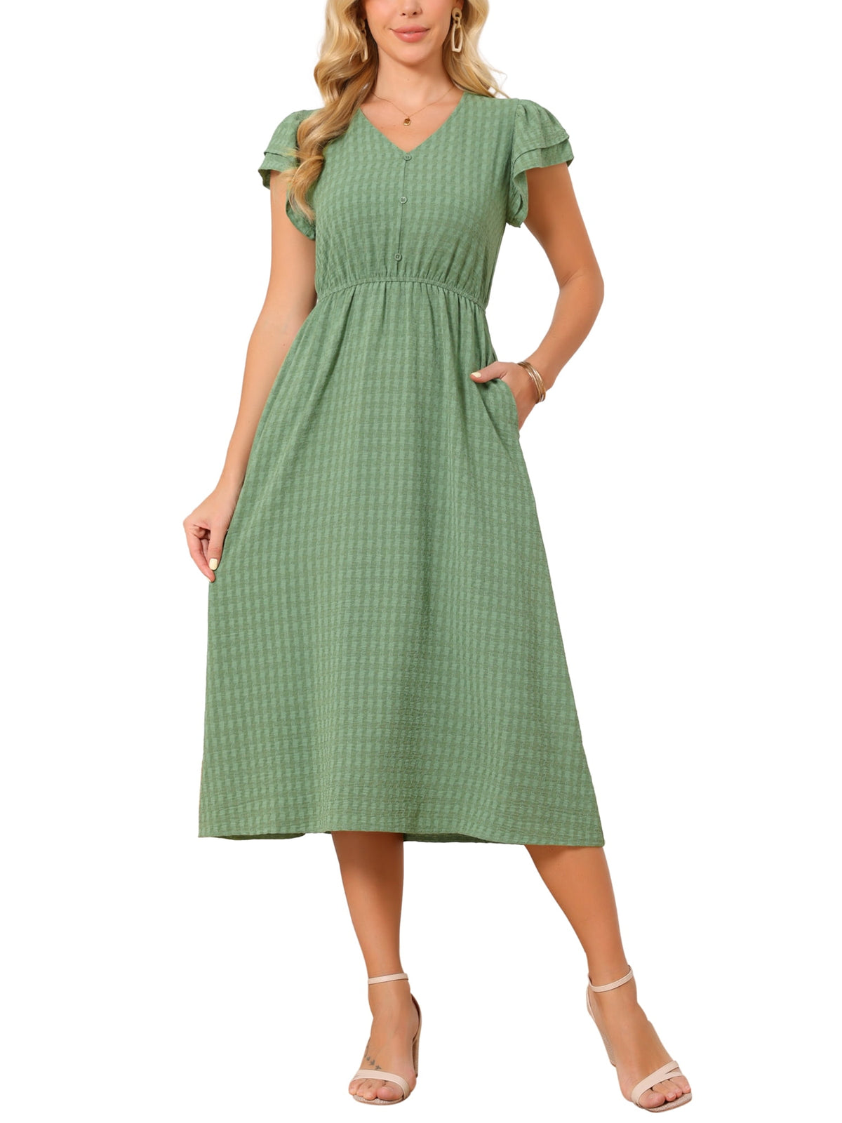 thumbnail image 2 of INSPIRE CHIC Women's Summer Dresses 2026 Ruffle Short Sleeve V Neck Button Flowy A-Line Midi Dress with Pockets M Green, 2 of 6
