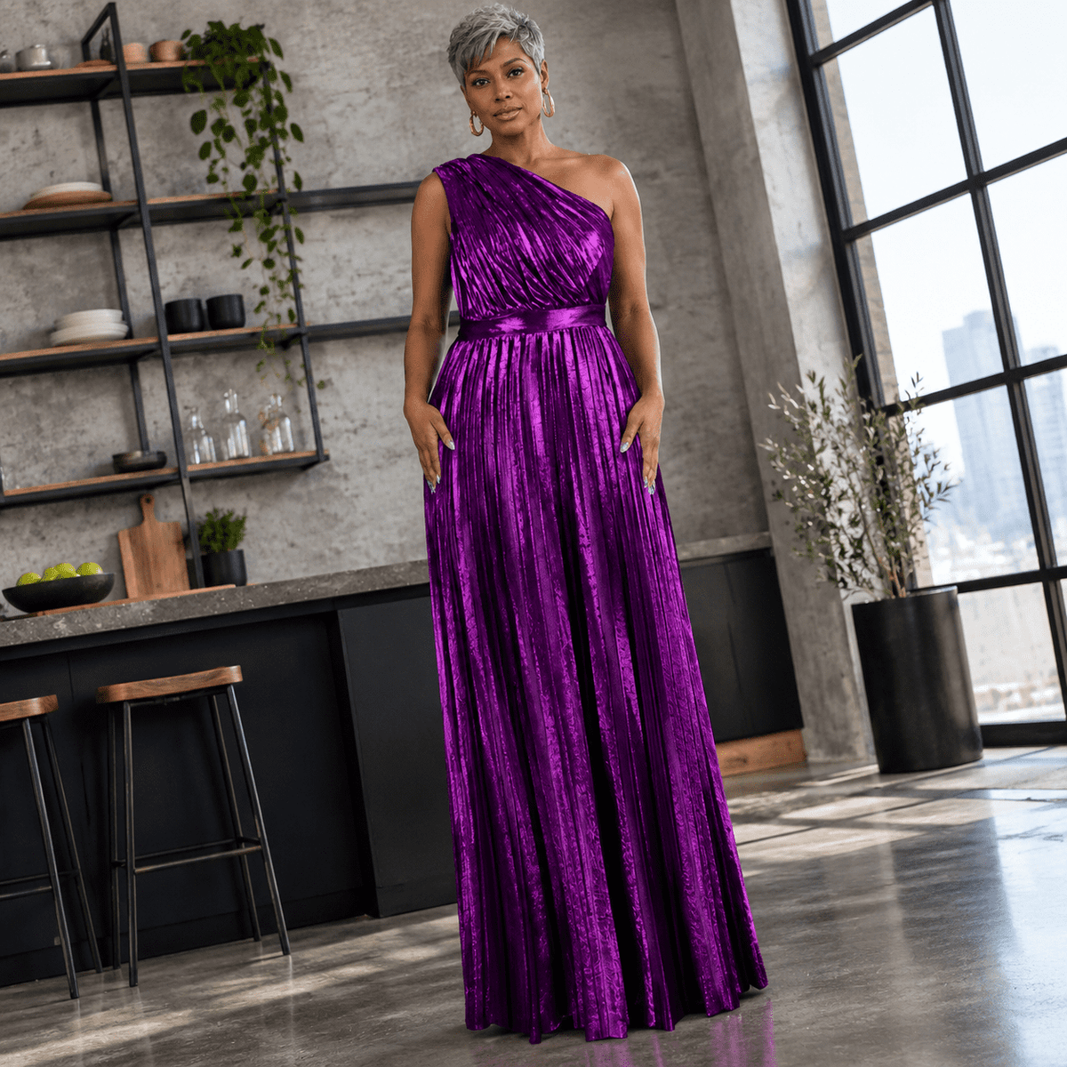thumbnail image 2 of Women's Purple Metallic One Shoulder Sleeveless Pleated Long Dress, Medium, 2 of 6
