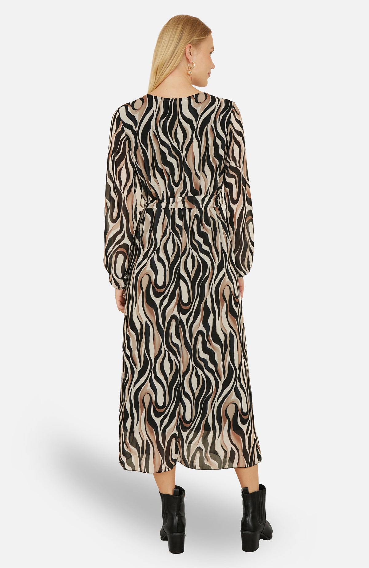 thumbnail image 2 of Yumi Animal Swirl Midi Wrap Dress - Black, 4, 2 of 6