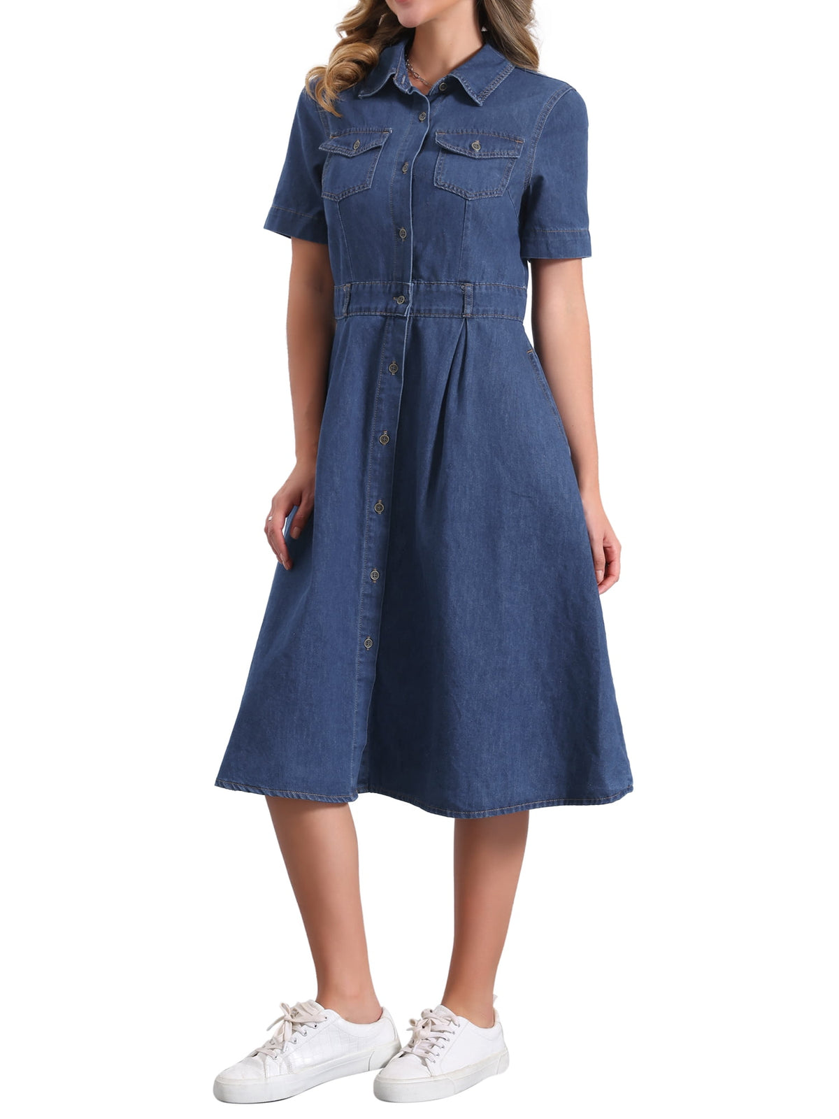 thumbnail image 4 of INSPIRE CHIC Women's Denim Dress Short Sleeves Turndown Collar A-Line Button Up Jean Midi Dresses S Dark Blue, 4 of 6