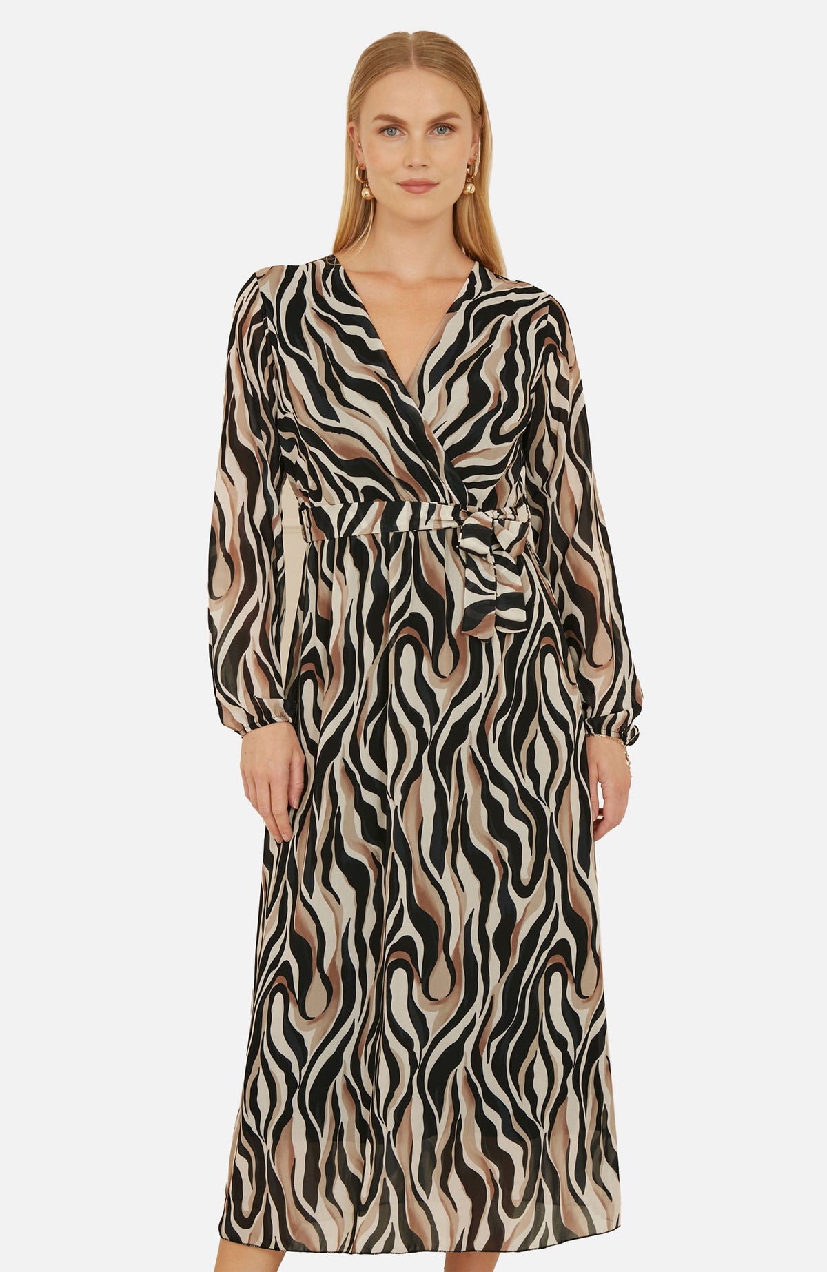 thumbnail image 4 of Yumi Animal Swirl Midi Wrap Dress - Black, 4, 4 of 6