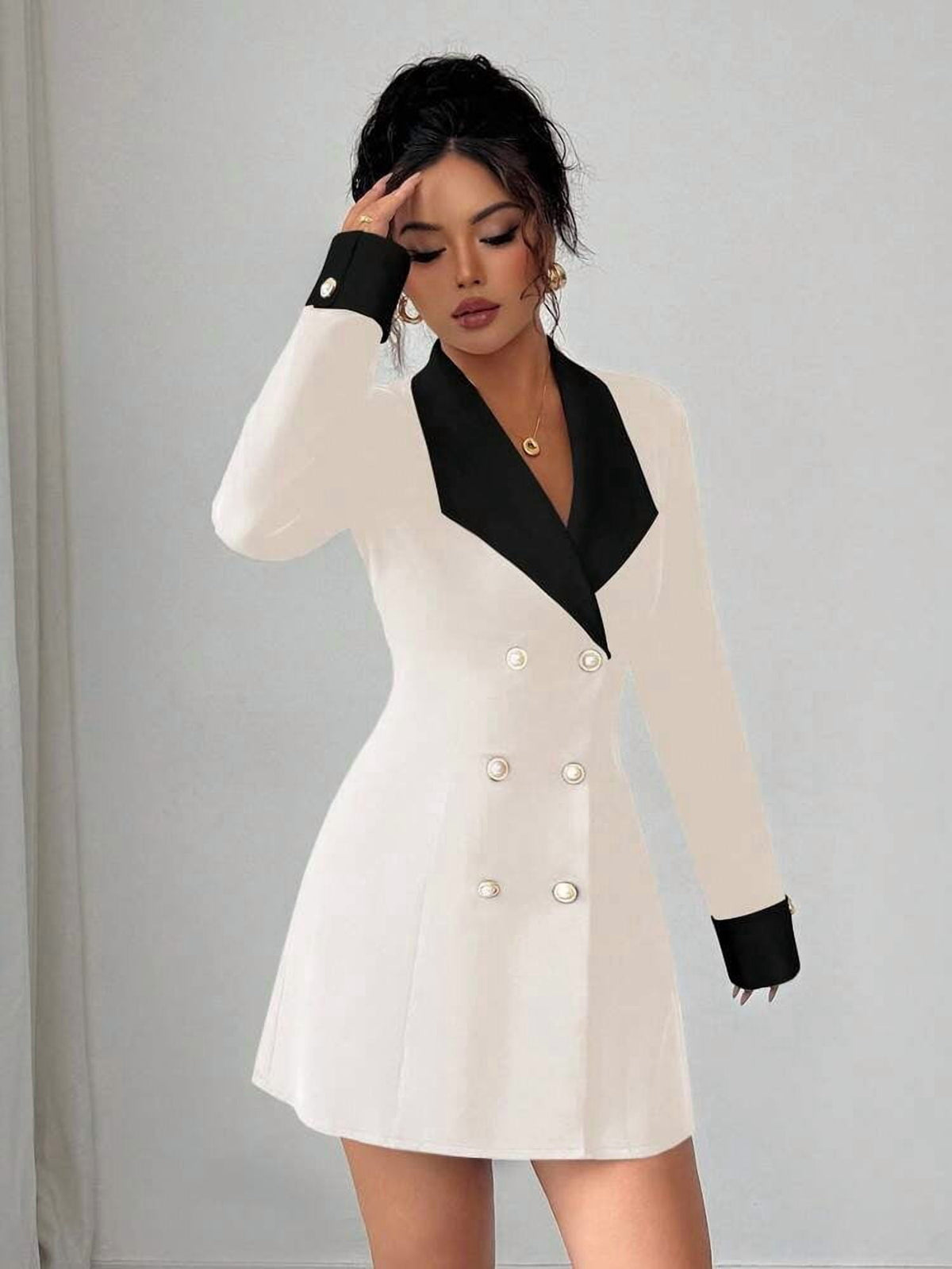 thumbnail image 4 of Apricot Long Sleeve Double Breasted Blazer Dress with Contrast Lapels, 4 of 6