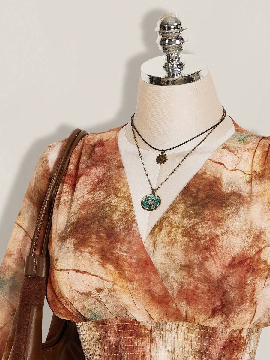 thumbnail image 5 of Womens Multicolor Abstract Print V-Neck Bell Sleeve Mini Dress, 5 of 10
