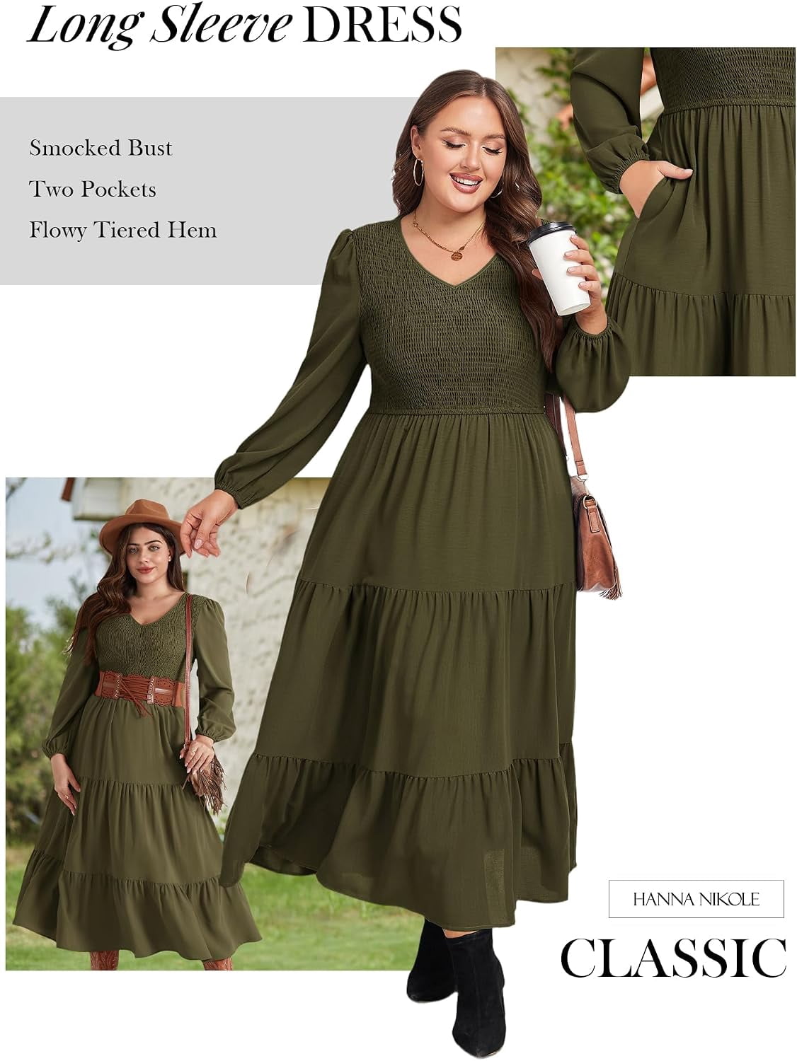 thumbnail image 4 of Women Plus Size Fall Dresses Long Sleeve V Neck Dress Maxi Casual Flowy Tiered 2026 Dress with Pockets, 4 of 5