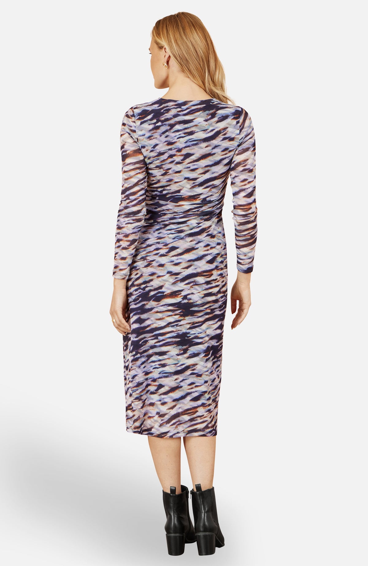 thumbnail image 2 of Yumi Abstract Stripe Ruched Midi Dress - Navy, 4, 2 of 6