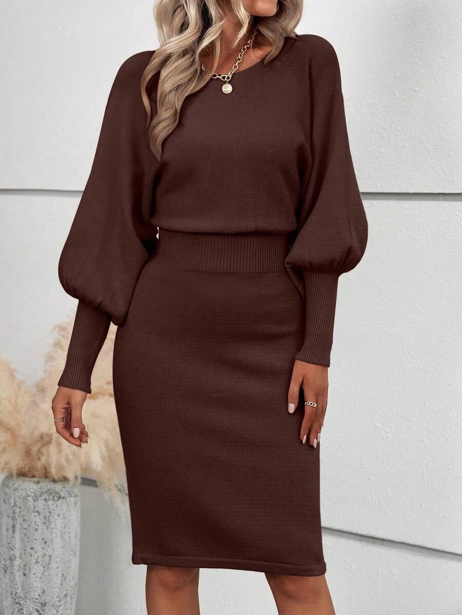 thumbnail image 5 of Coffee Brown Solid Lantern Sleeve Rib Knit Sweater Dress Fall Winter Cloth, 5 of 6