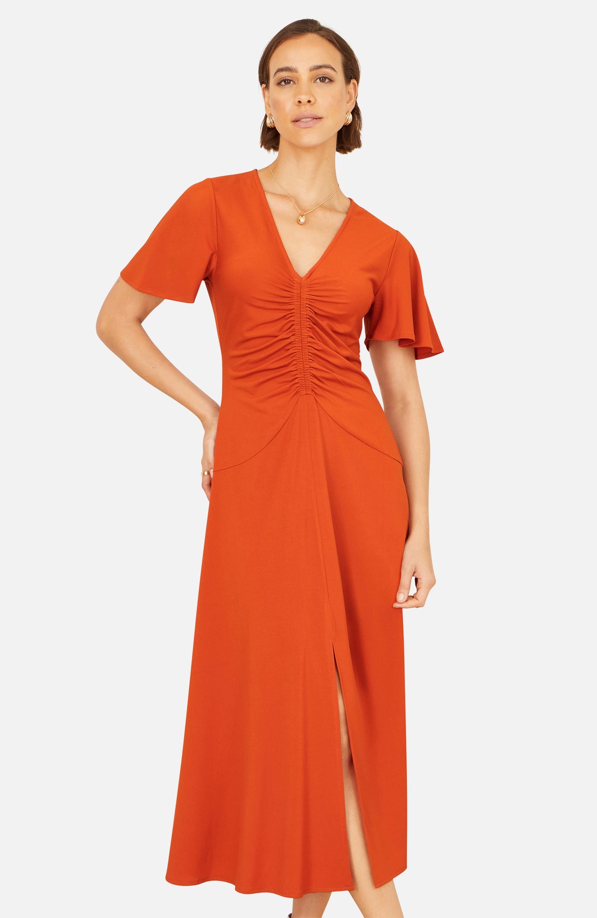 thumbnail image 3 of Yumi Ruched Front Stretch Midi Dress - Orange, 10, 3 of 5