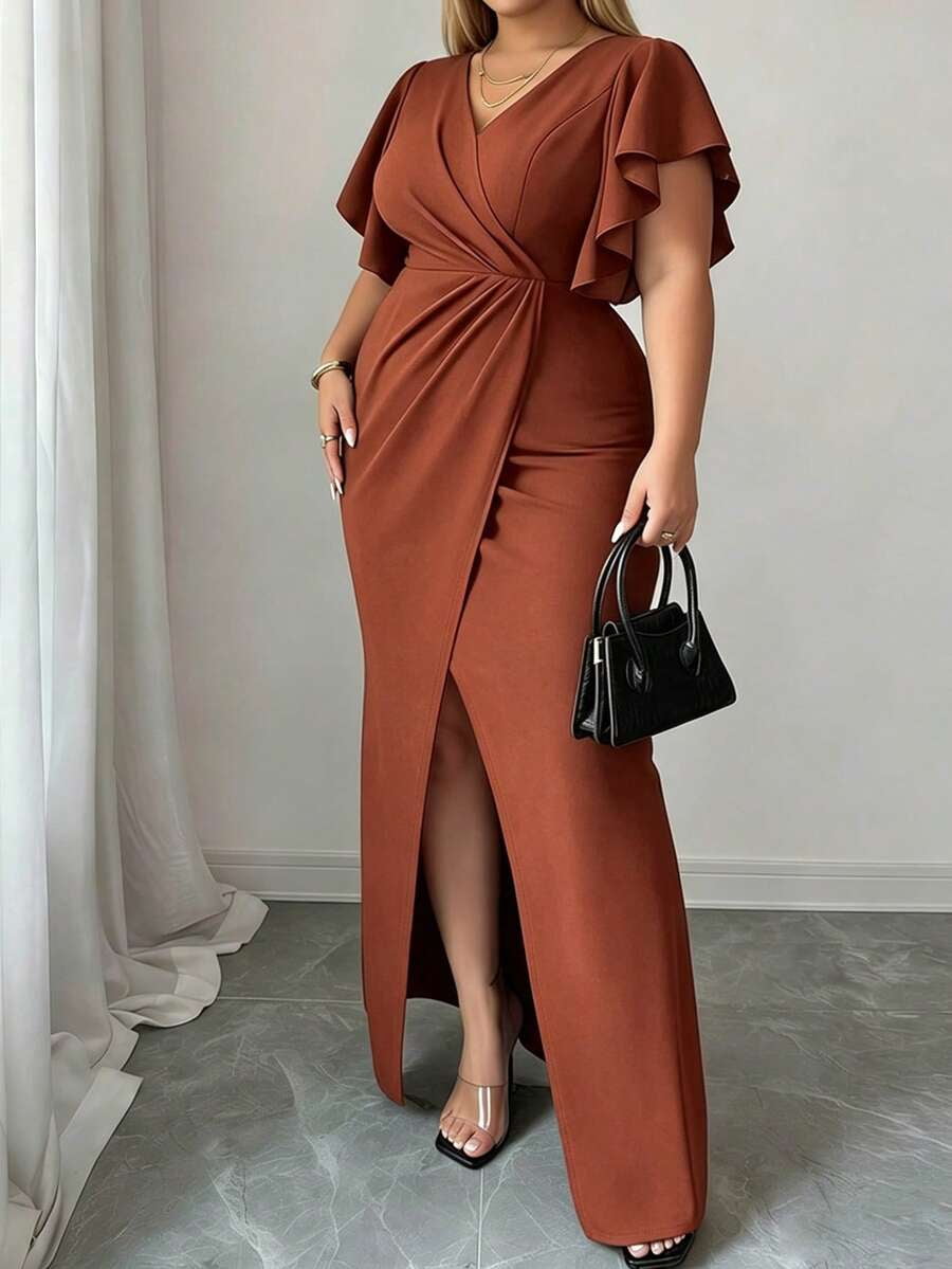 thumbnail image 2 of Womens Rust Brown Ruched Waist Cross V-Neck Long Dress With Ruffle Sleeves, 2 of 5