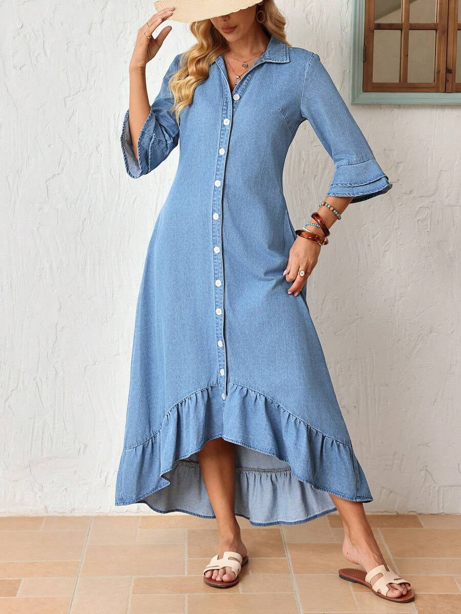 thumbnail image 6 of Womens Light Blue Denim Shirt Dress, Retro 70s Style Bell Sleeves, 6 of 8