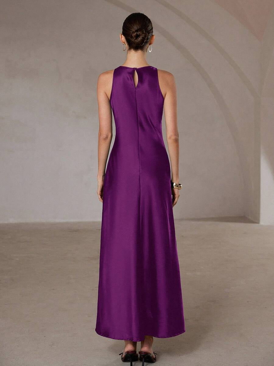 thumbnail image 6 of Womens Red Violet Satin Halter Maxi Dress Formal Elegant Evening Party, 6 of 7