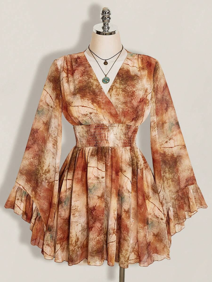 thumbnail image 4 of Womens Multicolor Abstract Print V-Neck Bell Sleeve Mini Dress, 4 of 10