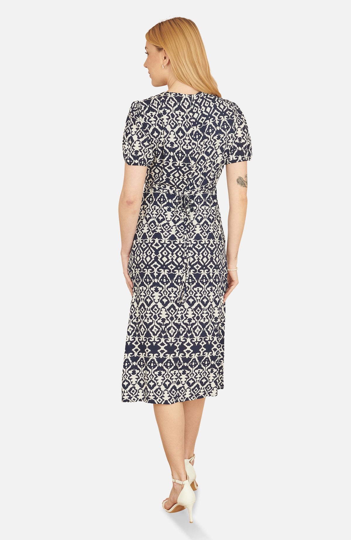 thumbnail image 2 of Yumi Ikat Print Split Hem Midi Dress - Navy, 4, 2 of 6
