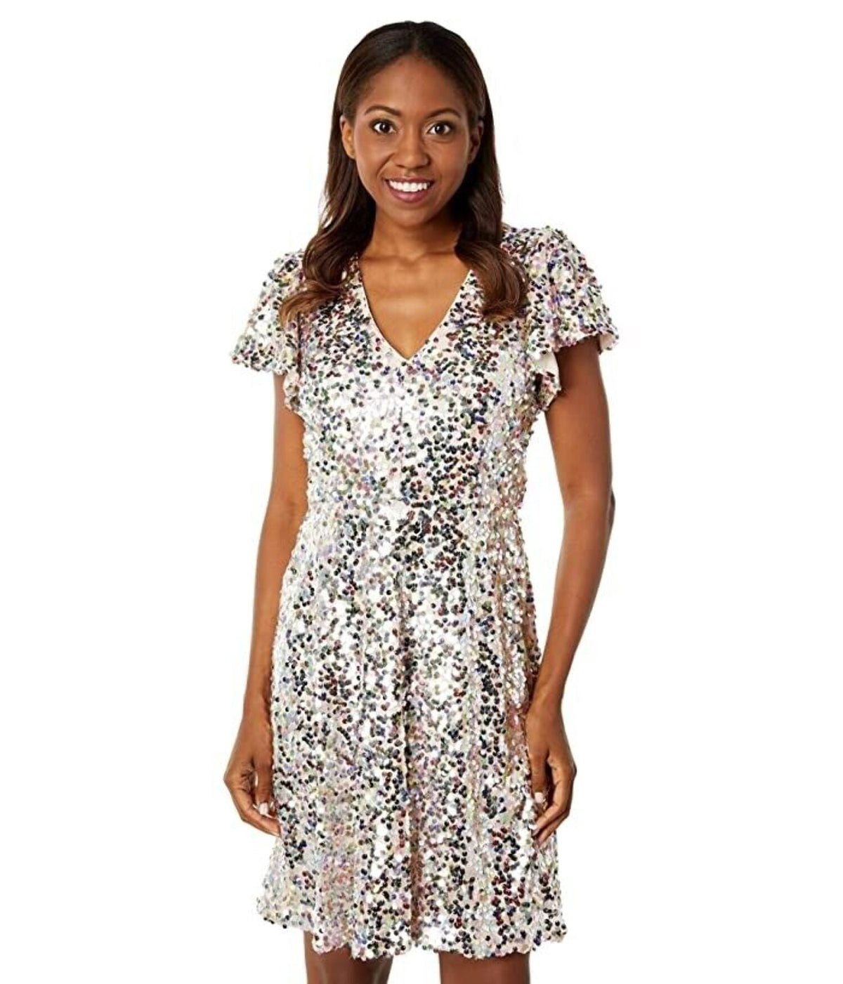 thumbnail image 2 of Maggy London Mini Dress Women 4 White Sequin Flutter Sleeve A-Line Party JDM1114, 2 of 3