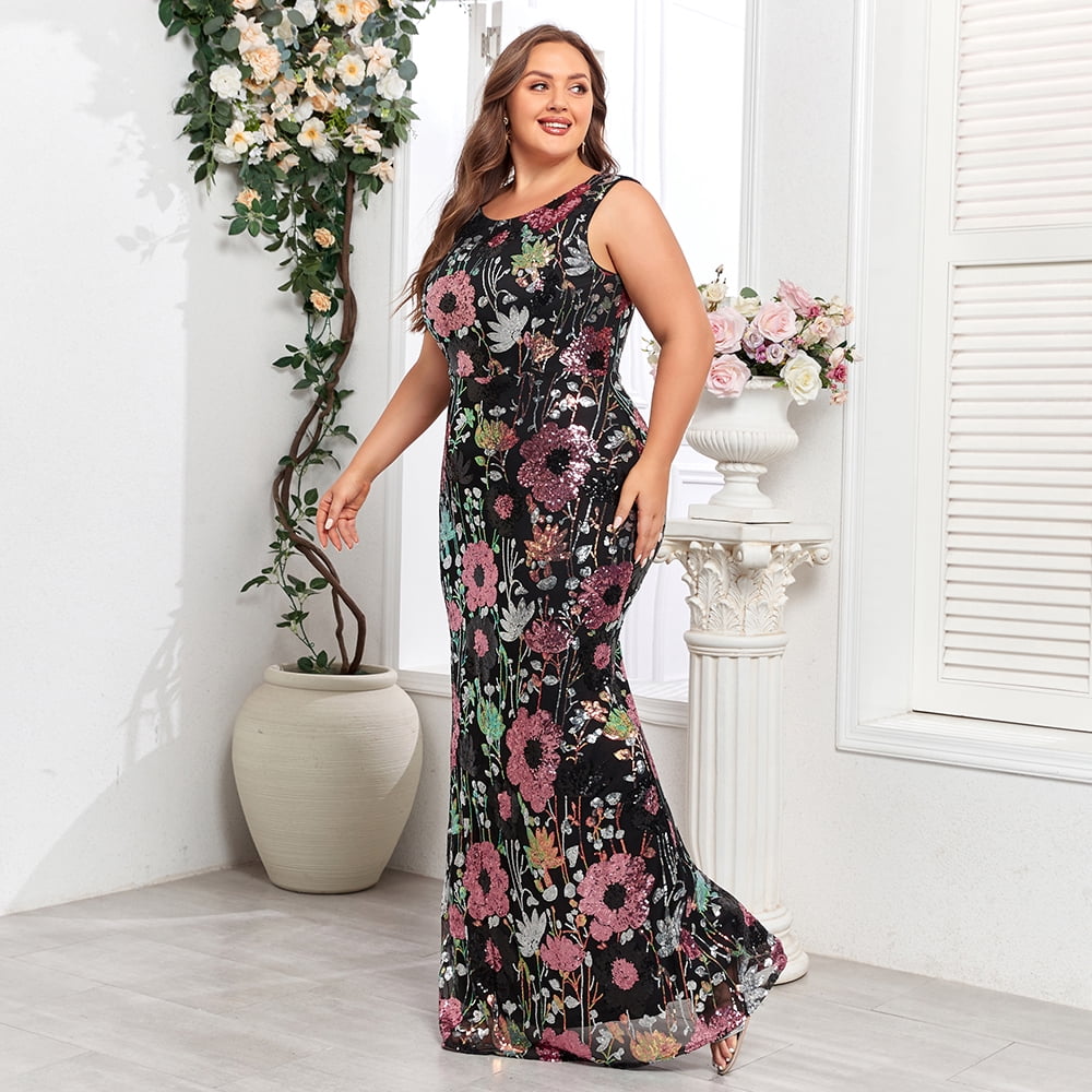 thumbnail image 5 of Beauty-Emily Plus‑Size Women’s Sleeveless Sequin Mermaid Maxi Dress, Round Neck Floral & Geometric Pattern Body‑Con Formal Evening Gown for Wedding Guest, Prom and Gala, 5 of 7