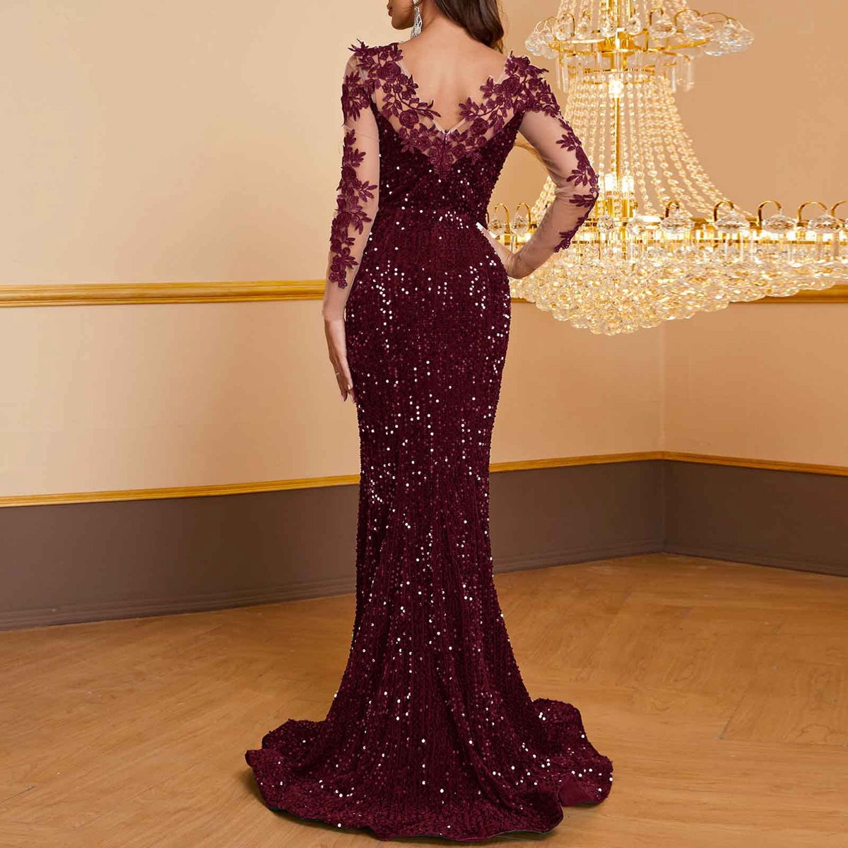 thumbnail image 4 of COSFO Dressy Womens Fall Dresses Crew Neck Long Sleeve Red Sequin Maxi Dresses Sheath Lace Elegant Corset Dresses, 4 of 6