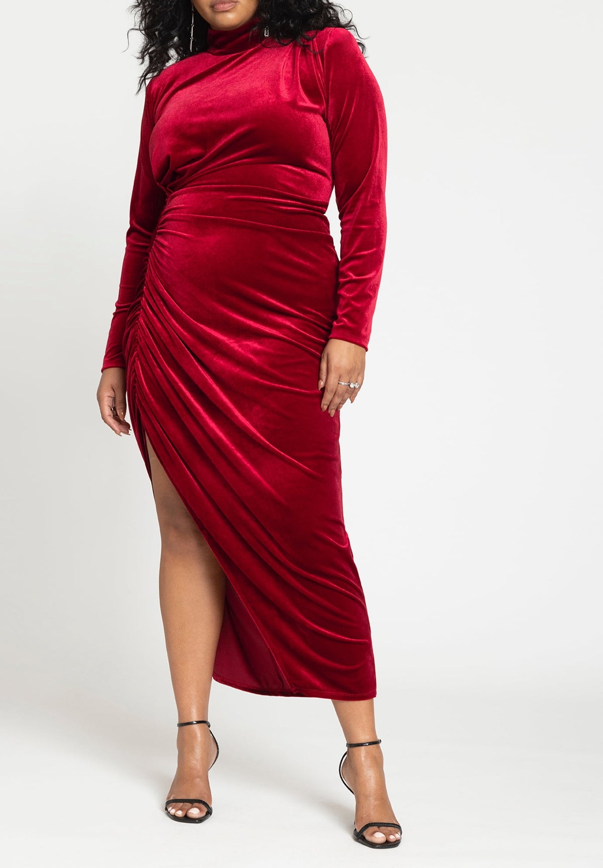thumbnail image 3 of ELOQUII Women's Plus Size Mock Neck Velvet Dress With Slit, 3 of 4