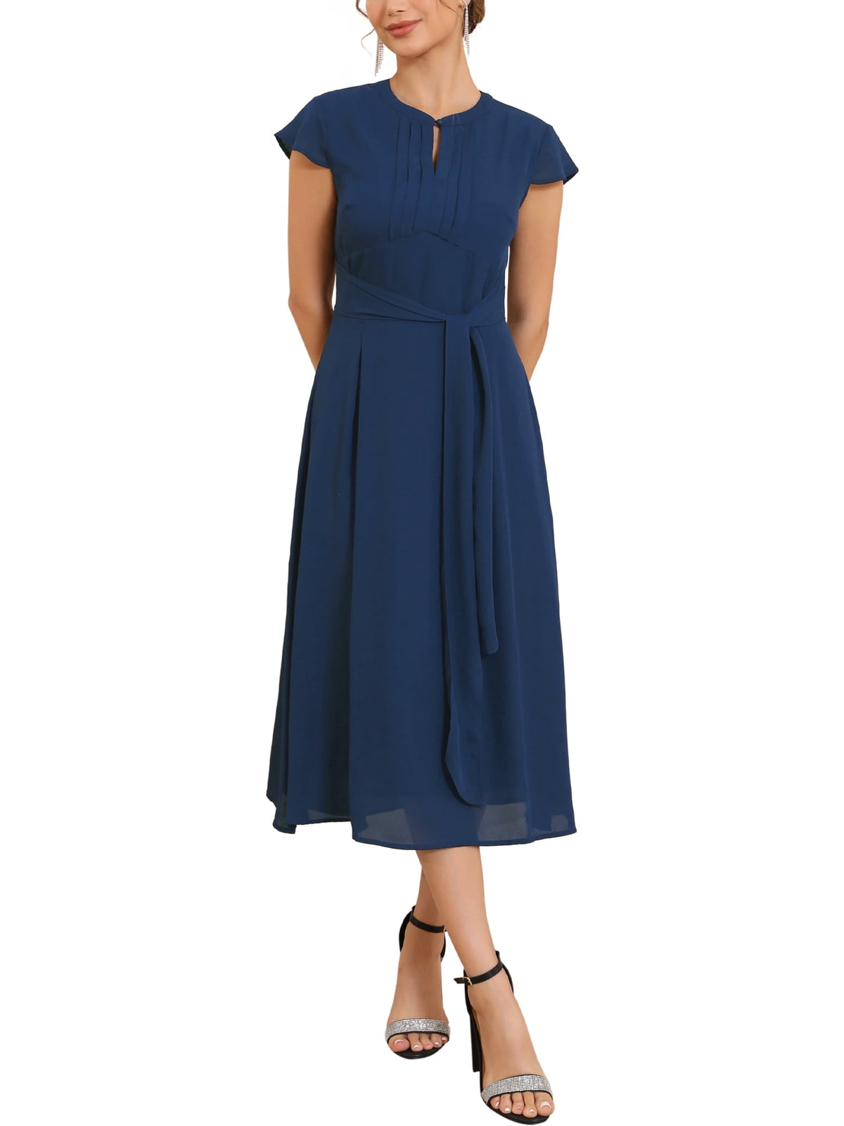thumbnail image 2 of INSPIRE CHIC Women's Chiffon Cocktail Dress Cap Sleeve Tie Waist Formal Wedding Guest Dresses S Dark Blue, 2 of 5